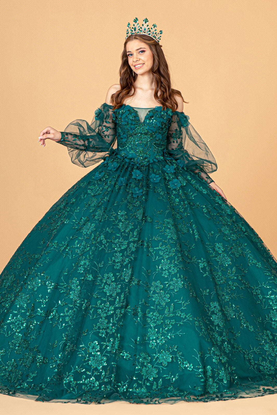Mesh Long Sleeves w/ Detachable Ribbon and Mini Bag Quinceanera Dress GLGL3071-0